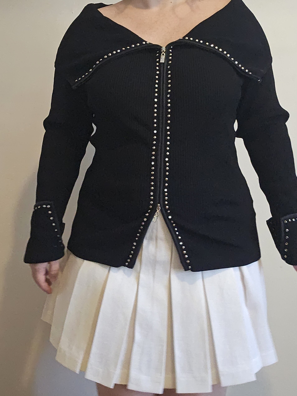 Cache Off The Shoulder Black Stud-Trim Knit Jacket with Zip